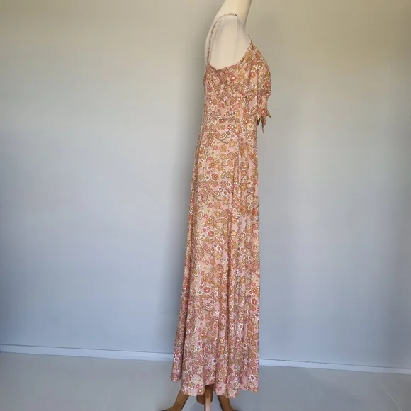 Ghanda Mia Multicolour Floral Linen Blend Tie Front Maxi Dress Size L - Picture 4 of 9